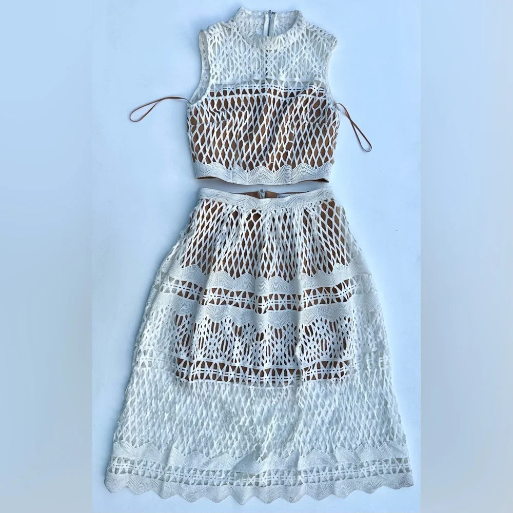 Free People Ministry Of Style Demure Set Crop Top & MIDI Skirt White Lace, 6